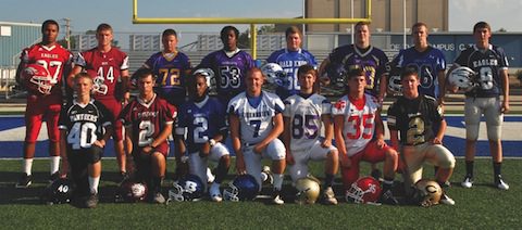 Introducing the inaugural 501 Football Team – Lonnie Curtis (front, from left), Bigelow; Forrest Been, Morrilton; Dillion Winfrey, Bryant; Chase Roberts, Greenbrier; Austin Oberlag, Central Ark. Christian; Chase Boyles, Cabot; and Park Parish, Clinton; James Sax (back), Vilonia; Bradley Gann, Beebe; Kevin Johnson, Fountain Lake; Dallas Martin, Lonoke; Garrett Gurkin, Bald Knob; Tyler Plezia, Mayflower; Kipley Powell, Conway; and Tanner Stevenson, Conway Christian. (Not pictured – Blake Bratton, Magnet Cove; and Kevin Peterson, Quitman.)