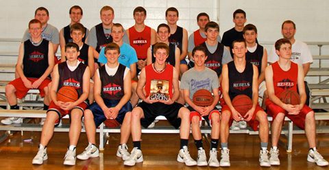 The Sacred Heart High School Boys Basketball team takes a little timeout from practicing for the state 1 A finals for "Loving LIFE" - Andrew Henderson (front, from left), Adam Gottsponer, Drew Bottoms, Austin Andrews, John Hall, Jordan Dunham; Louis Hoelzeman (second row), Adam Hoyt, Gus Shields, Blake Beck, Jordan Ogle, Alex Fresneda, Coach Aaron Duvall; Joe Baker (back), Nikolaus Koch, Ryan Sutton, Hamp Maus, Jake Wiedower, Taylor Andrews and Quinton Berry. (Janna Virden photo)