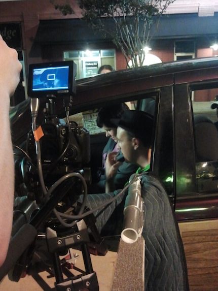 A camera is mounted on a car for a driving scene – Chris Fritzges (Danny, lead actor) and Courtney Bennett (Stephanie, lead actress).
