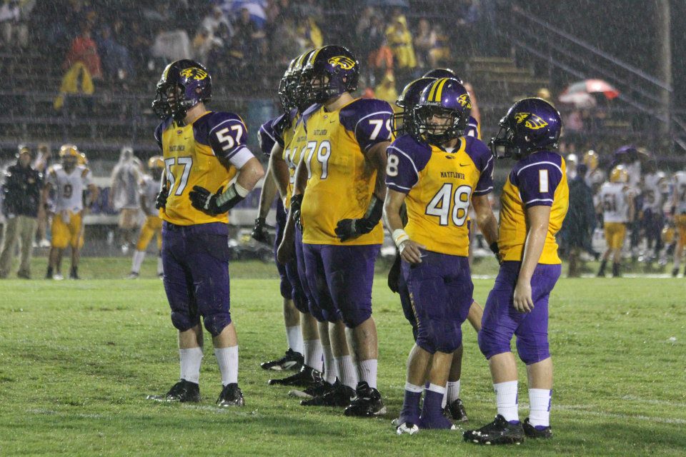 Brandon Forrester (48) in the Eagle huddle against Dumas. Mayflower won 41-13. (Kristee Woodham photo - for more, visit https://www.facebook.com/MayflowerEaglesFootball.) 