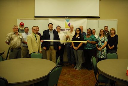 Guy Garrett (from left), Morrilton Mayor Stewart Nelson, Conway County Judge Jimmy Hart, Morrilton Chamber and CCEDC President/CEO Brandon Baker, UACCM Chancellor Dr. Larry Davis, chamber chairman Rich Moellers, Cody Hill, CCEDC chairman Miles Lacy, Courtney Stell, Gene Pearce, Vondra Rainey, Peggy Williams, Whitney Snipes, Jay Carter and Stephanie Lipsmeyer.