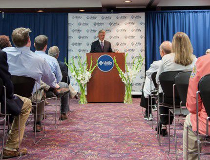 Former Gov. Mike Beebe spoke at the ribbon-cutting and white coat ceremony for Unity Health’s Graduate Medical Education (GME) program.