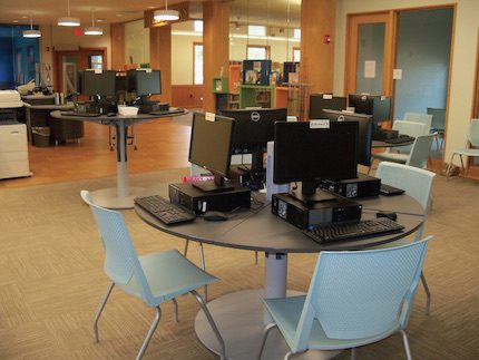 Computers are available for use at the library.