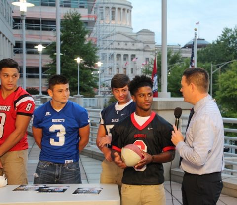 KARK Meteorologist Pat Walker interviews Maumelle player Jacob Acklin during a Channel 4 segment on the 501 Football Team.