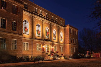 The Faulkner County Courthouse adorned for the holidays.