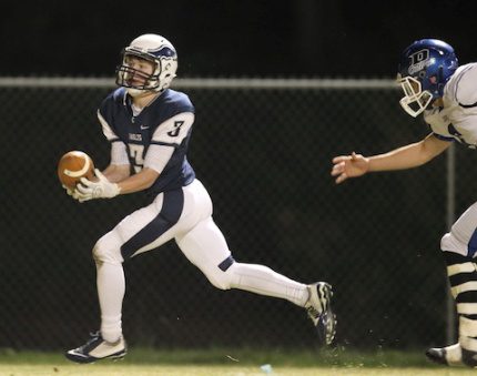 Conway Christian junior receiver Seth Smith hauls in a pass in the first round of the 2A playoffs against Dierks. The Eagles defeated Junction City last week to advance to the 2A quarterfinals. (Bill Patterson photo)