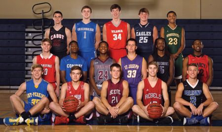 Members of the 501 Basketball Team: (front, from left) Josh Ballard (Guy-Perkins), Justin Brown (Nemo Vista), Austin Moore (Beebe), Stephen Maus (Sacred Heart), Aaron Griffin (Faulkner County Falcons); (middle) Alex Francis (Harding Academy), Prentice Mullins (Conway), Chavé Zackery (Morrilton), Landon Bruich (St. Joseph), J.T. Smith (Riverview), Simon Medley (Searcy); (back) Hunter Southerland (Cabot), Tyler Williams (Greenbrier), Charlie Thomas (Vilonia), Jakob Henry (Conway Christian) and MJ Griffin (Wonderview). Not pictured: J.W. Estes (Mayflower) and De’Shawn Williams (Maumelle).  (Mike Kemp photo)