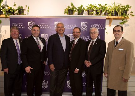 UCA President Tom Courtway (from left); TJ Johnston, director of corporate relations; Charles D. Morgan; Dr. Steven Runge, executive vice president and provost; Dr. Stephen Addison, dean of the College of Natural Sciences and Mathematics; and Dr. Mehemmed Celebi, chair of the Department of Computer Science.
