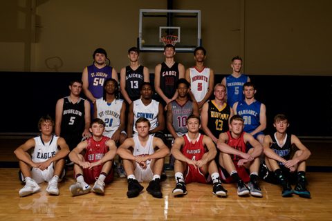 Members of the 501 Basketball Team: (front, from left) David Belvardi (Conway Christian), Ethan Hill (Nemo Vista), Tyler Kersey (Sacred Heart), Brady Palmer (Harding Academy), Kaleb Ramey (Searcy), Judson Woodfin (Faulkner Co. Falcons); (middle) Austin Neumeier (Bigelow), Jahcoree Ealy (Guy-Perkins), Kendarious Smith (Conway), Juwan Moore (Morrilton), Trey McGhee (Quitman), Kanyin Martin (Mt. Vernon-Enola); (back) David Beck (St. Joseph), Garret Finley (Riverview), Matt Stanley (Cabot), Tyren Kutz (Maumelle) and Payden Webb (Greenbrier). The team is sponsored by First Service Bank and First Security Bank. Not pictured: Garrison Branscum (Perryville) and Thomas Zimmerman (Wonderview).  (Mike Kemp photo)