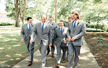 Caleb Seiter (from left), Josh Thessing, Josh Antoine, groom Daniel Antoine, Mike Pfeiffer and Jacob Fenske.